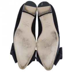 Pre Owned Valentino Black Suede and Satin Crystal Bow Ballet Flats Size 37.5