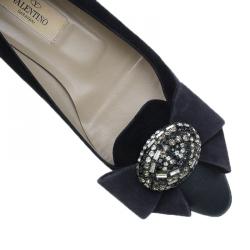 Pre Owned Valentino Black Suede and Satin Crystal Bow Ballet Flats Size 37.5