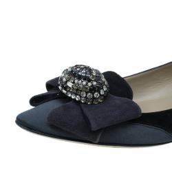 Pre Owned Valentino Black Suede and Satin Crystal Bow Ballet Flats Size 37.5