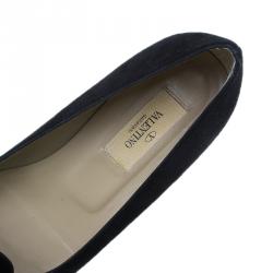 Pre Owned Valentino Black Suede and Satin Crystal Bow Ballet Flats Size 37.5