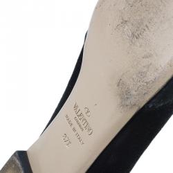 Pre Owned Valentino Black Suede and Satin Crystal Bow Ballet Flats Size 37.5