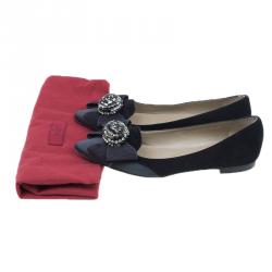 Pre Owned Valentino Black Suede and Satin Crystal Bow Ballet Flats Size 37.5