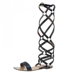 Pre Owned Valentino Black Studded Suede and Leather Teodora Gladiator Sandals Size 36.5