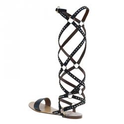 Pre Owned Valentino Black Studded Suede and Leather Teodora Gladiator Sandals Size 36.5