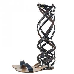 Pre Owned Valentino Black Studded Suede and Leather Teodora Gladiator Sandals Size 36.5