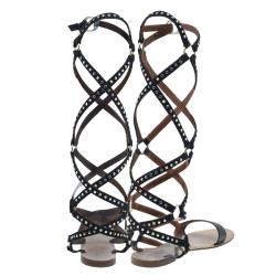 Pre Owned Valentino Black Studded Suede and Leather Teodora Gladiator Sandals Size 36.5