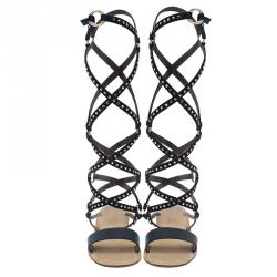 Pre Owned Valentino Black Studded Suede and Leather Teodora Gladiator Sandals Size 36.5