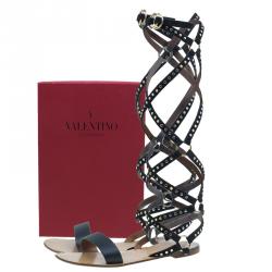 Pre Owned Valentino Black Studded Suede and Leather Teodora Gladiator Sandals Size 36.5