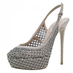 Pre Owned Valentino Beige Lattice Crystals Studded Slingback Platform Sandals Size 38