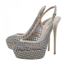 Pre Owned Valentino Beige Lattice Crystals Studded Slingback Platform Sandals Size 38