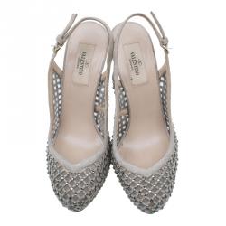 Pre Owned Valentino Beige Lattice Crystals Studded Slingback Platform Sandals Size 38
