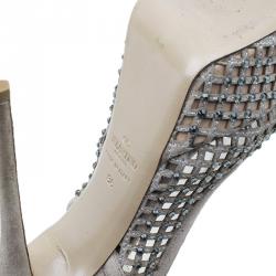 Pre Owned Valentino Beige Lattice Crystals Studded Slingback Platform Sandals Size 38