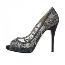 Pre Owned Valentino Black Embellished Lace and Mesh Floral Peep Toe Pumps 41