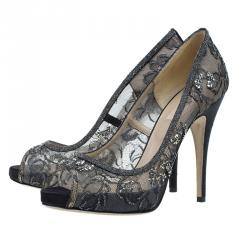 Pre Owned Valentino Black Embellished Lace and Mesh Floral Peep Toe Pumps 41