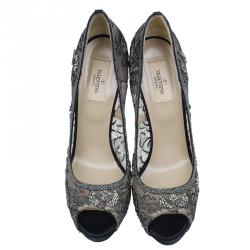 Pre Owned Valentino Black Embellished Lace and Mesh Floral Peep Toe Pumps 41