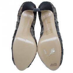 Pre Owned Valentino Black Embellished Lace and Mesh Floral Peep Toe Pumps 41