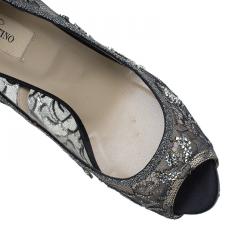 Pre Owned Valentino Black Embellished Lace and Mesh Floral Peep Toe Pumps 41