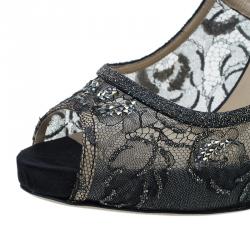 Pre Owned Valentino Black Embellished Lace and Mesh Floral Peep Toe Pumps 41