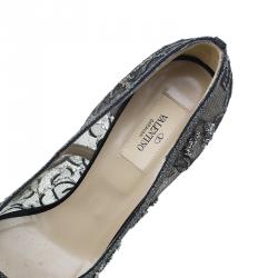 Pre Owned Valentino Black Embellished Lace and Mesh Floral Peep Toe Pumps 41