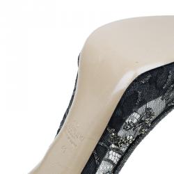 Pre Owned Valentino Black Embellished Lace and Mesh Floral Peep Toe Pumps 41