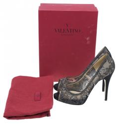 Pre Owned Valentino Black Embellished Lace and Mesh Floral Peep Toe Pumps 41