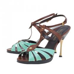 Valentino Turquoise and Brown Leather Ankle Strap Sandals Size 37.5 