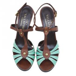 Valentino Turquoise and Brown Leather Ankle Strap Sandals Size 37.5 