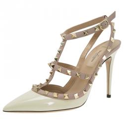 Pre Owned Valentino Ivory Leather Rockstud Sandals Size 38