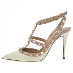 Pre Owned Valentino Ivory Leather Rockstud Sandals Size 38