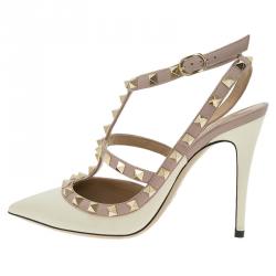 Pre Owned Valentino Ivory Leather Rockstud Sandals Size 38