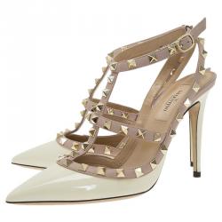 Pre Owned Valentino Ivory Leather Rockstud Sandals Size 38