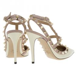 Pre Owned Valentino Ivory Leather Rockstud Sandals Size 38