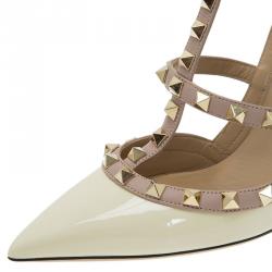 Pre Owned Valentino Ivory Leather Rockstud Sandals Size 38