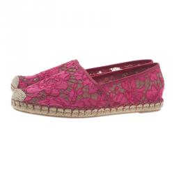 Pre Owned Valentino Pink Lace and Leather Espadrilles Size 38