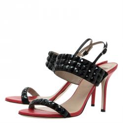 Pre Owned Valentino Red and Black Embellished Ankle Strap Sandals Size 41
