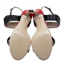 Pre Owned Valentino Red and Black Embellished Ankle Strap Sandals Size 41