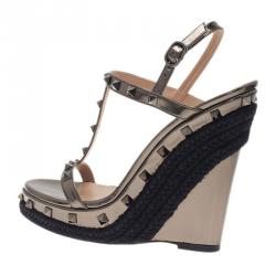 Pre Owned Valentino Grey Metallic Rockstud T Strap Espadrille Wedges Size 40