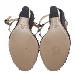Pre Owned Valentino Grey Metallic Rockstud T Strap Espadrille Wedges Size 40