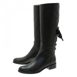 Pre Owned حذاء بوت فالنتينو أسكوت جلد أسود رباط معقود لمنتصف الساق مقاس 39.5