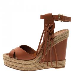 Pre Owned Valentino Brown Leather Fringed Espadrille Platform Wedge Sandals Size 37