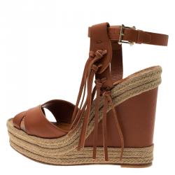 Pre Owned Valentino Brown Leather Fringed Espadrille Platform Wedge Sandals Size 37