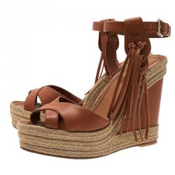 Pre Owned Valentino Brown Leather Fringed Espadrille Platform Wedge Sandals Size 37