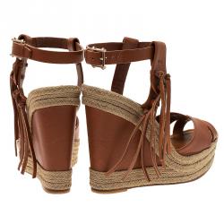 Pre Owned Valentino Brown Leather Fringed Espadrille Platform Wedge Sandals Size 37