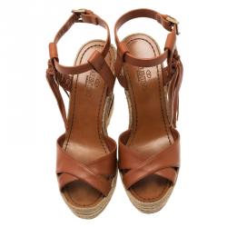 Pre Owned Valentino Brown Leather Fringed Espadrille Platform Wedge Sandals Size 37