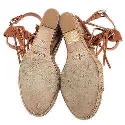 Pre Owned Valentino Brown Leather Fringed Espadrille Platform Wedge Sandals Size 37