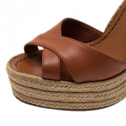 Pre Owned Valentino Brown Leather Fringed Espadrille Platform Wedge Sandals Size 37