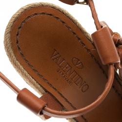 Pre Owned Valentino Brown Leather Fringed Espadrille Platform Wedge Sandals Size 37