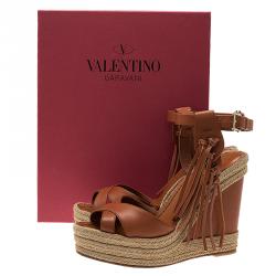 Pre Owned Valentino Brown Leather Fringed Espadrille Platform Wedge Sandals Size 37