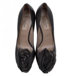 Pre Owned Valentino Grey Leather Chiffon Rose Detail Platform Pumps Size 36.5