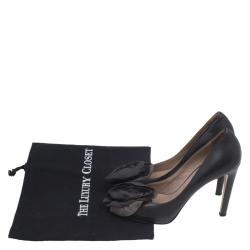 Pre Owned Valentino Grey Leather Chiffon Rose Detail Platform Pumps Size 36.5